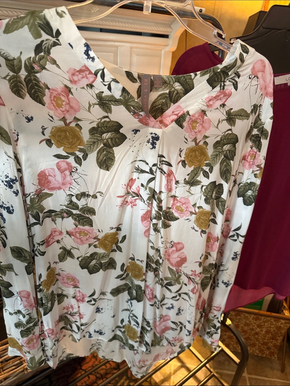 Floral V-Neck Blouse with Pink and Olive Roses 0089